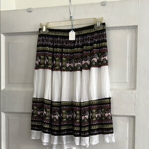 Boho Tiered White Skirt with Multicolor Ethnic Print